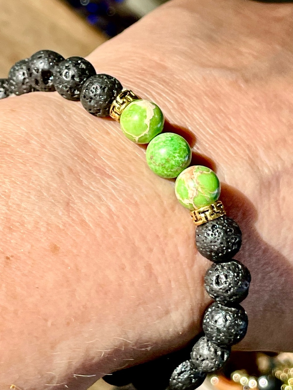 Handmade for Black Lava Bead Bracelet with Green Accent Beads - Picture 3 of 3
